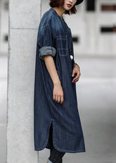 Vestido de algodón sencillo, ajustado, azul, otoño, informal, de algodón, liso, con abertura, vaquero.